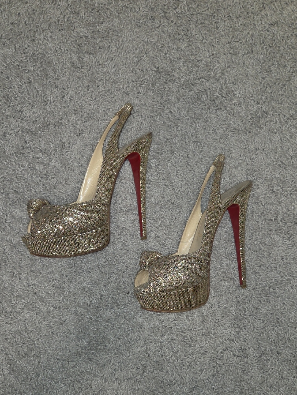Christian Louboutin Gold Glitter Peep-Toe Slingback Platform Pumps
